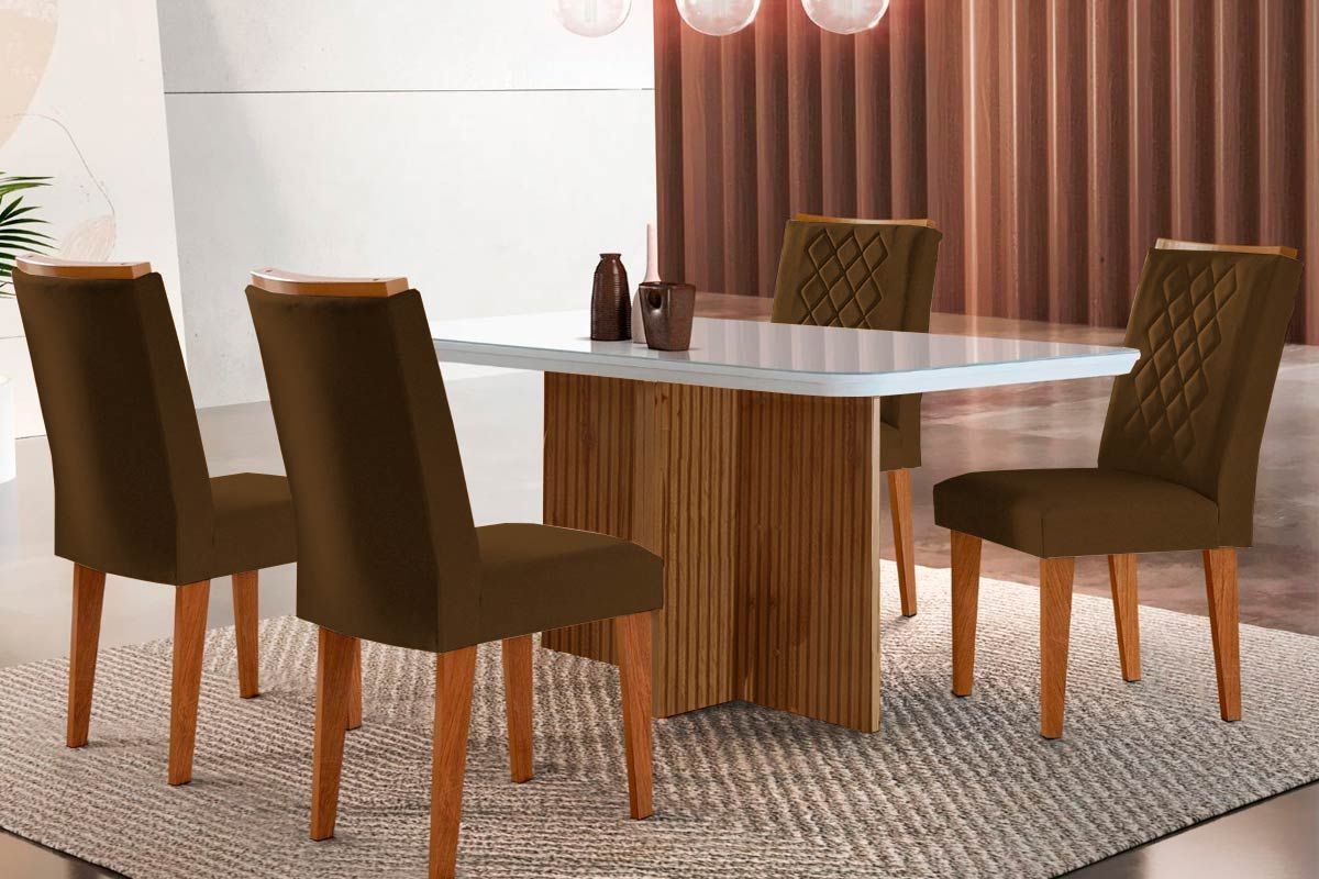 Sala de Jantar Completa Berlim c/ Tampo Madeirado c/ Vidro Canto Curvo 120x80cm e 4 Cadeiras Jade - Rufato