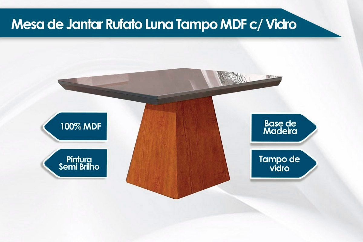 Sala de Jantar Completa Luna c/ Tampo Madeirado c/ Vidro Canto Curvo 90x90cm e 4 cadeiras Amsterdã - Rufato