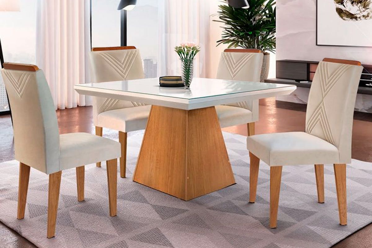 Sala de Jantar Completa Luna c/ Tampo Madeirado c/ Vidro Canto Curvo 90x90cm e 4 cadeiras Amsterdã - Rufato