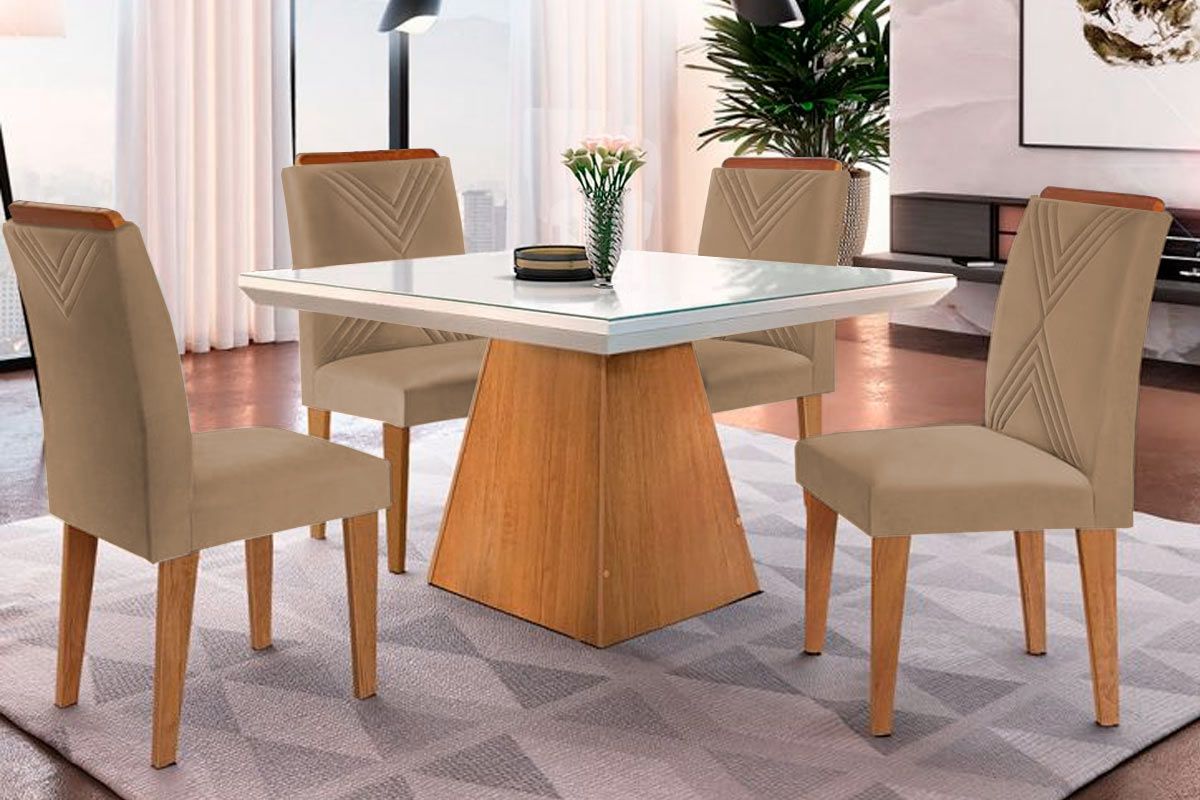 Sala de Jantar Completa Luna c/ Tampo Madeirado c/ Vidro Canto Curvo 90x90cm e 4 cadeiras Amsterdã - Rufato