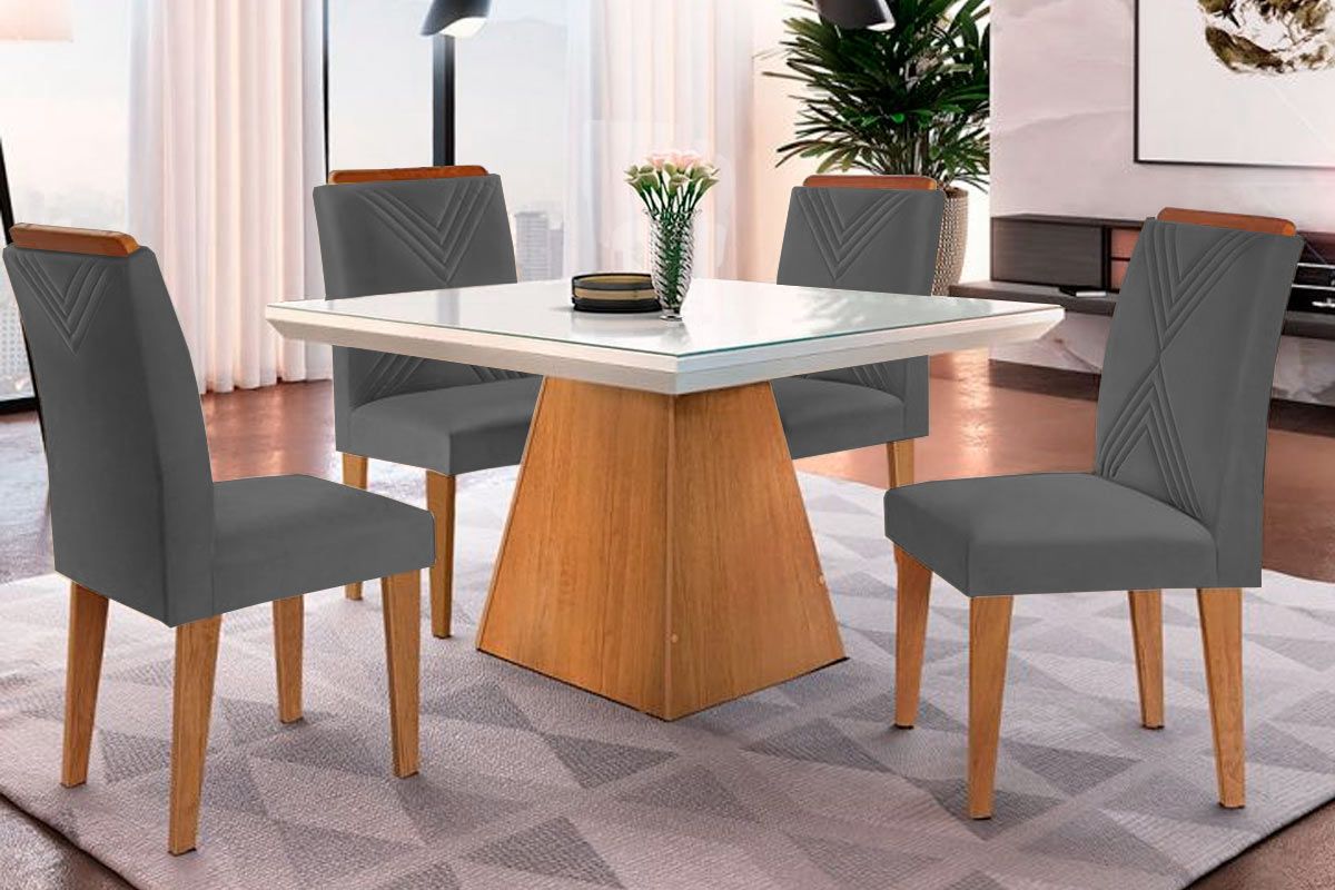 Sala de Jantar Completa Luna c/ Tampo Madeirado c/ Vidro Canto Curvo 90x90cm e 4 cadeiras Amsterdã - Rufato