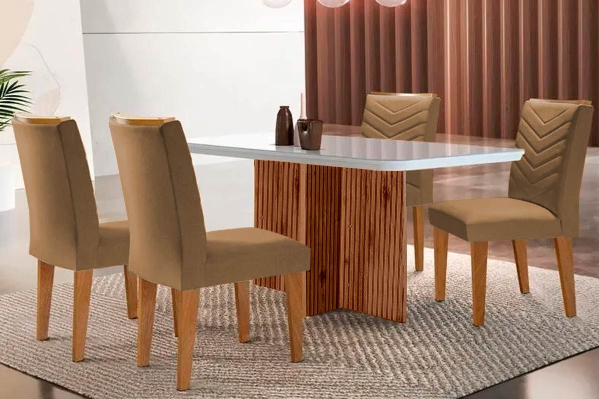 Sala Jantar Mesa Berlim c/ Tampo Madeirado c/ Vidro Canto Curvo 120x80cm e 4 Cadeiras Londrina - Rufato