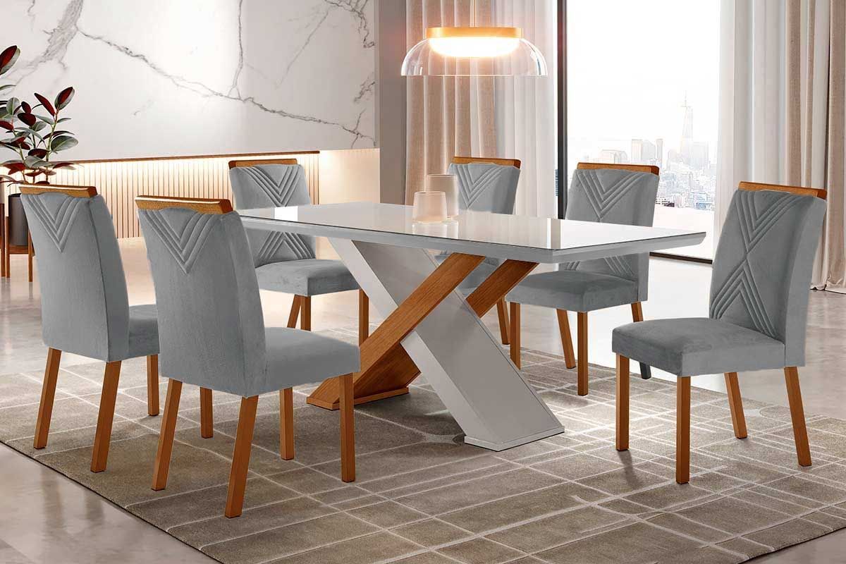 Sala de Jantar Completa Imperatriz Tampo Madeirado c/ Vidro Reto 180x90 e 6 Cadeiras Amsterdã - Rufato