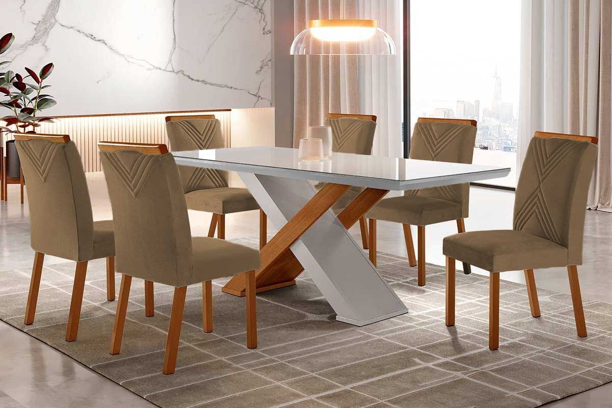 Sala de Jantar Completa Imperatriz Tampo Madeirado c/ Vidro Reto 180x90 e 6 Cadeiras Amsterdã - Rufato