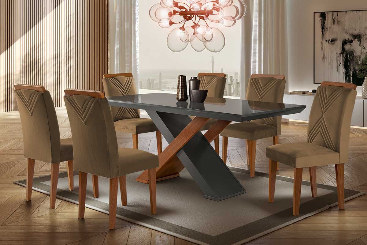 Sala de Jantar Completa Imperatriz Tampo Madeirado c/ Vidro Reto 180x90 e 6 Cadeiras Amsterdã - Rufato