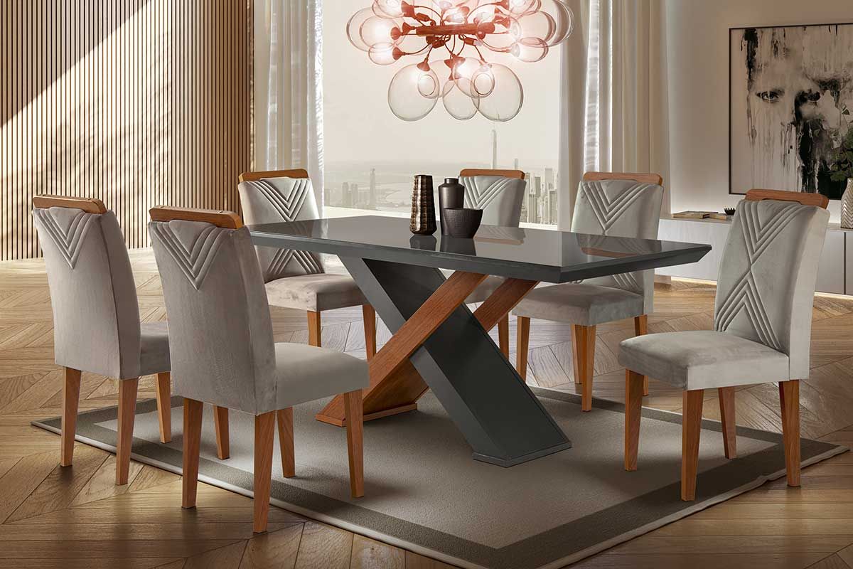 Sala de Jantar Completa Imperatriz Tampo Madeirado c/ Vidro Reto 180x90 e 6 Cadeiras Amsterdã - Rufato
