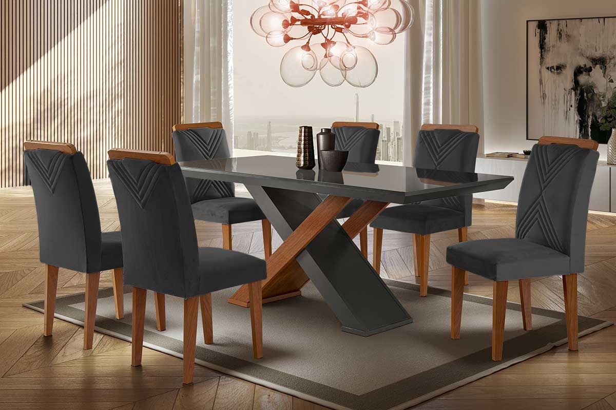 Sala de Jantar Completa Imperatriz Tampo Madeirado c/ Vidro Reto 180x90 e 6 Cadeiras Amsterdã - Rufato