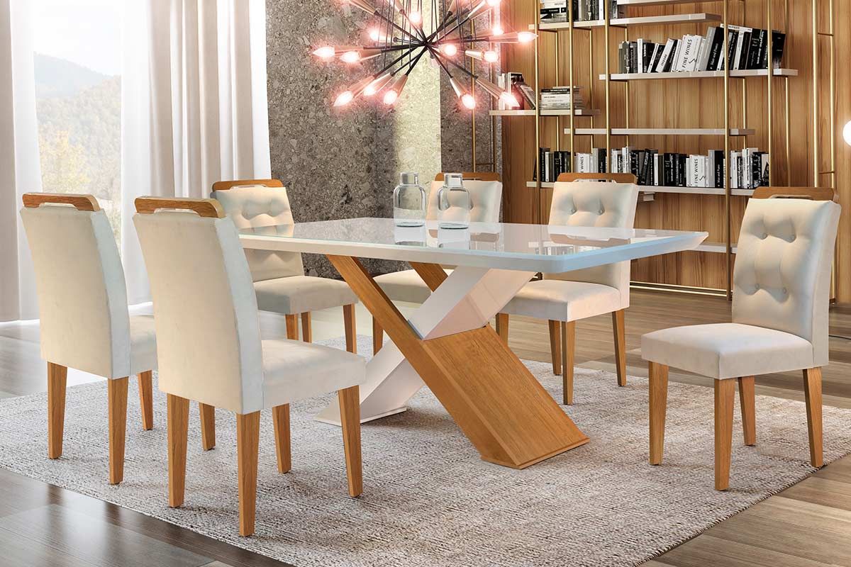 Sala de Jantar Completa Imperatriz Tampo Madeirado c/ Vidro Curvo 180x90 e 6 Cadeiras Imperatriz - Rufato