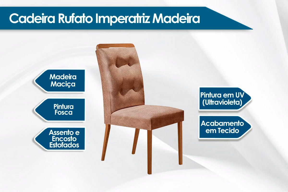 Sala de Jantar Completa Imperatriz Tampo Madeirado c/ Vidro Curvo 180x90 e 6 Cadeiras Imperatriz - Rufato