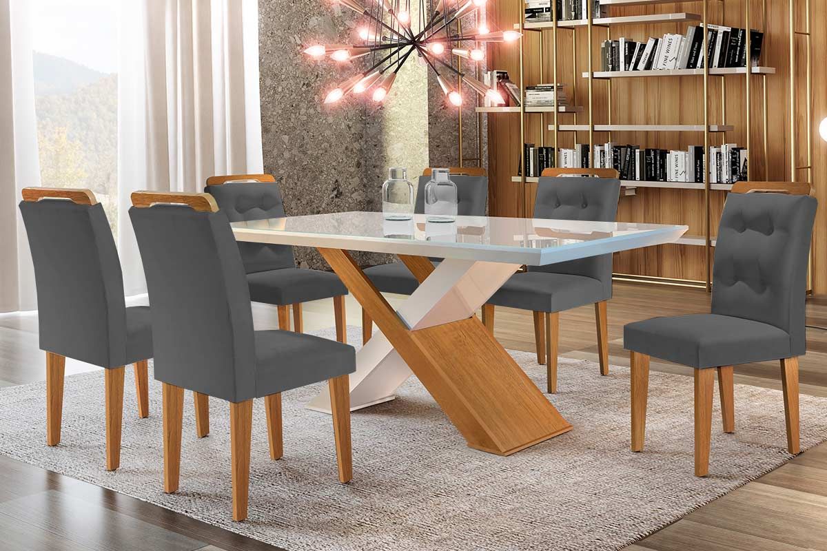 Sala de Jantar Completa Imperatriz Tampo Madeirado c/ Vidro Curvo 180x90 e 6 Cadeiras Imperatriz - Rufato