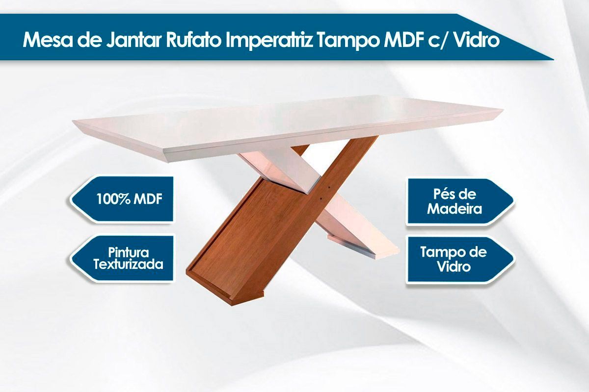 Sala de Jantar Completa Imperatriz Tampo Madeirado c/ Vidro Curvo 180x90 e 6 Cadeiras Imperatriz - Rufato
