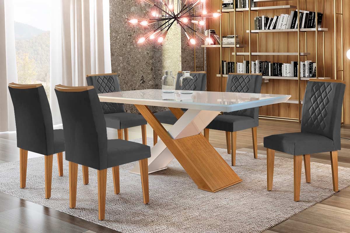 Sala de Jantar Completa Imperatriz Tampo Madeirado c/ Vidro Canto Curvo 180x90 e 6 Cadeiras Jade - Rufato