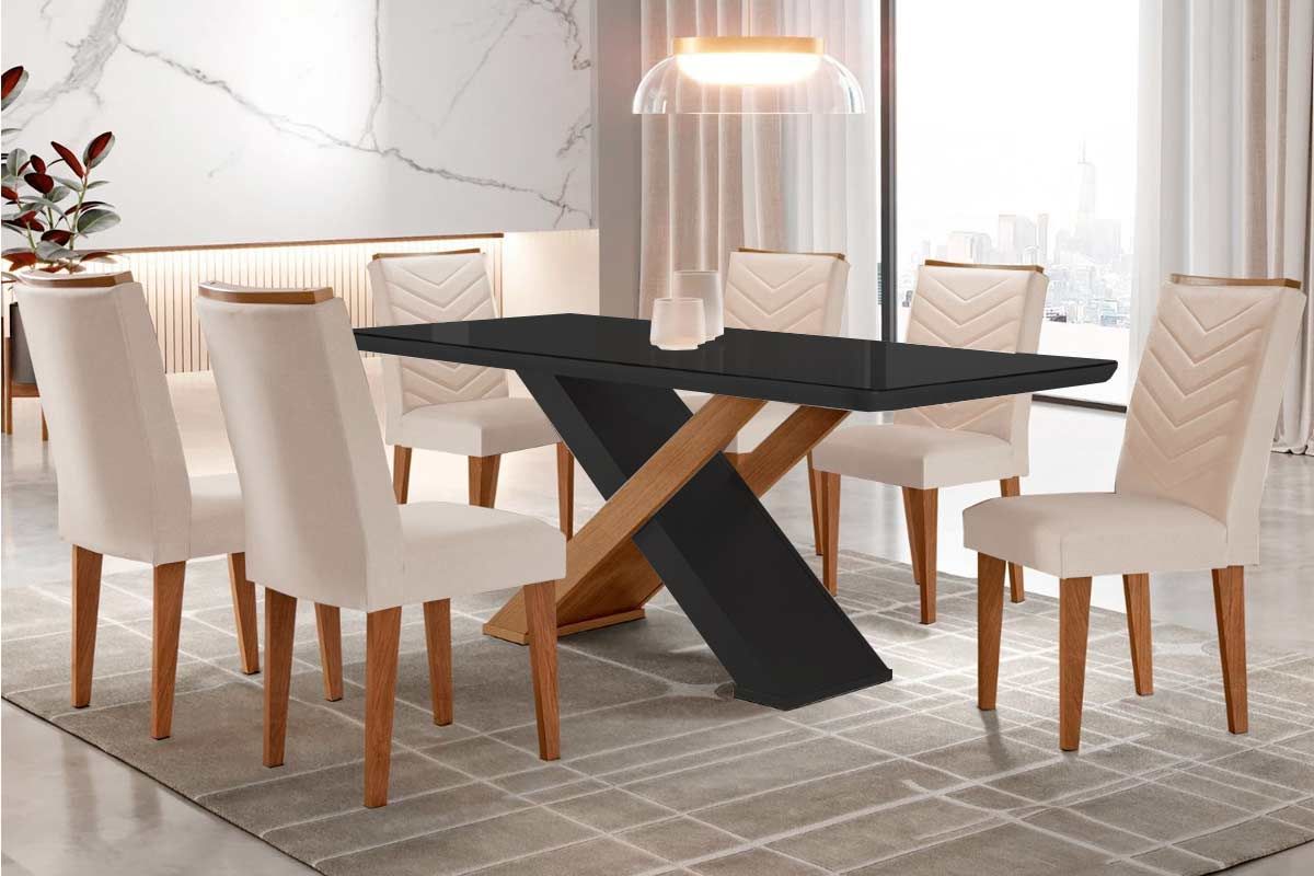 Sala Jantar Mesa Imperatriz Tampo Madeirado c/ Vidro Canto Curvo 180x90 e 6 Cadeiras Londrina - Rufato