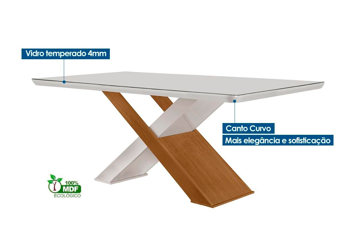 Sala de Jantar Completa Imperatriz Tampo Madeirado c/ Vidro Canto Curvo 180x90 e 6 Cadeiras Jade - Rufato