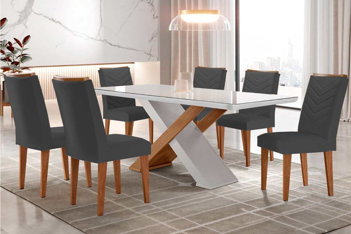 Sala Jantar Mesa Imperatriz Tampo Madeirado c/ Vidro Canto Curvo 180x90 e 6 Cadeiras Londrina - Rufato