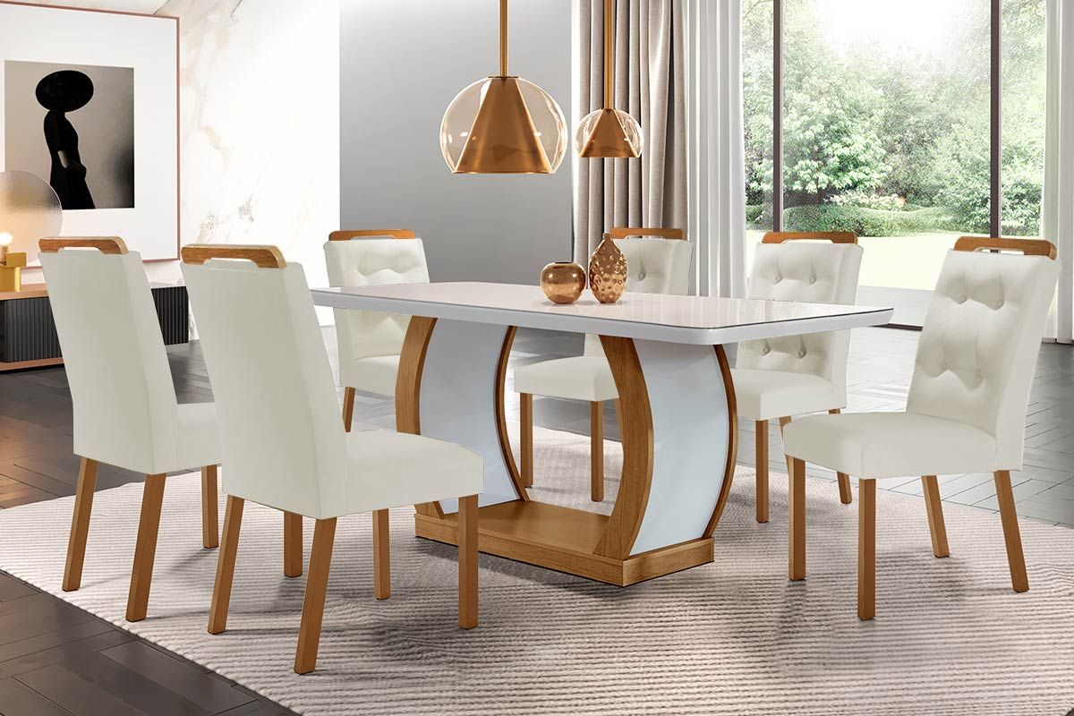 Sala de Jantar Completa Jade Tampo Madeirado c/ Vidro Canto Curvo 180x90 e 6 Cadeiras Imperatriz - Rufato