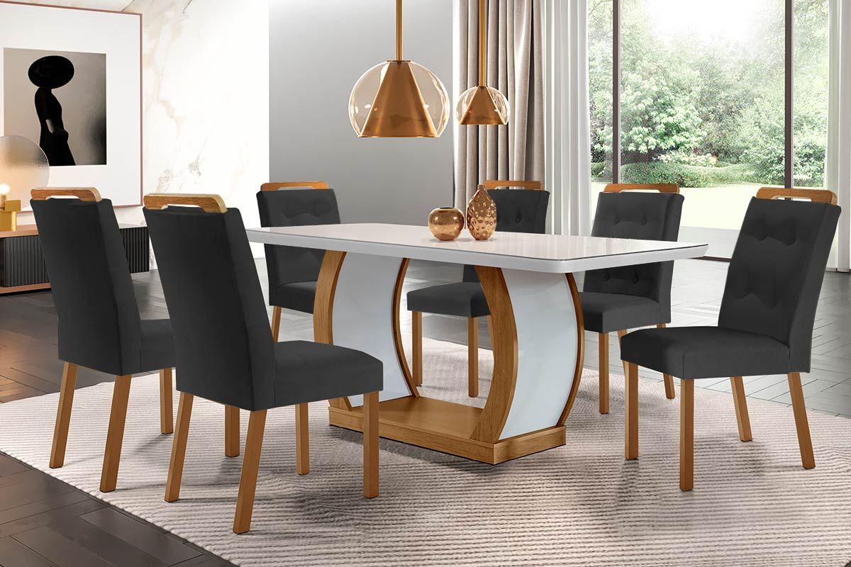 Sala de Jantar Completa Jade Tampo Madeirado c/ Vidro Canto Curvo 180x90 e 6 Cadeiras Imperatriz - Rufato