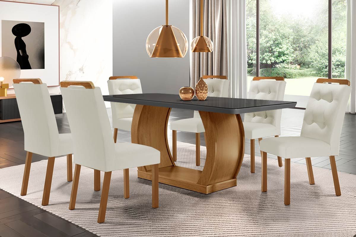 Sala de Jantar Completa Jade Tampo Madeirado c/ Vidro Canto Curvo 180x90 e 6 Cadeiras Imperatriz - Rufato