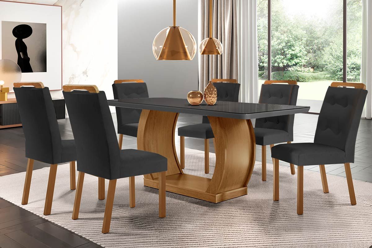 Sala de Jantar Completa Jade Tampo Madeirado c/ Vidro Canto Curvo 180x90 e 6 Cadeiras Imperatriz - Rufato