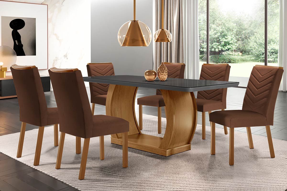 Sala Jantar Mesa Jade Tampo Madeirado c/ Vidro Canto Curvo 180x90 e 6 Cadeiras Londrina - Rufato