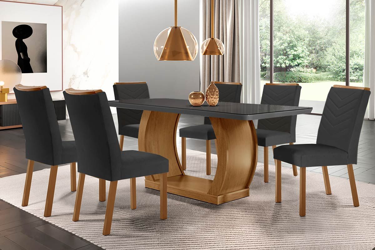Sala Jantar Mesa Jade Tampo Madeirado c/ Vidro Canto Curvo 180x90 e 6 Cadeiras Londrina - Rufato