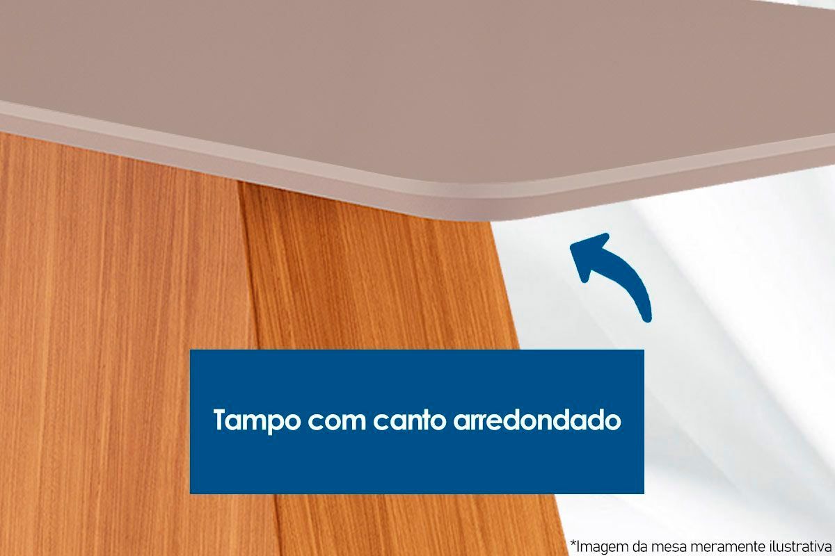 Sala Jantar Mesa Jade Tampo Madeirado c/ Vidro Canto Curvo 180x90 e 6 Cadeiras Londrina - Rufato