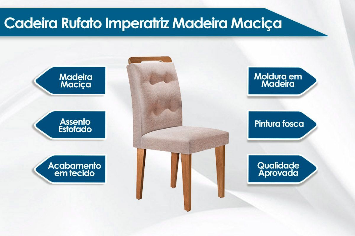 Sala de Jantar Completa Jade Tampo Madeirado c/ Vidro Canto Curvo 180x90 e 6 Cadeiras Imperatriz - Rufato