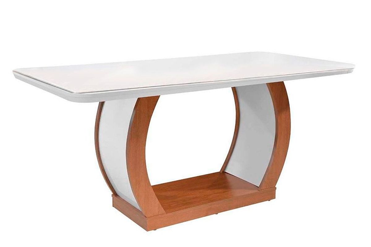 Sala Jantar Mesa Jade Tampo Madeirado c/ Vidro Canto Curvo 180x90 e 6 Cadeiras Londrina - Rufato