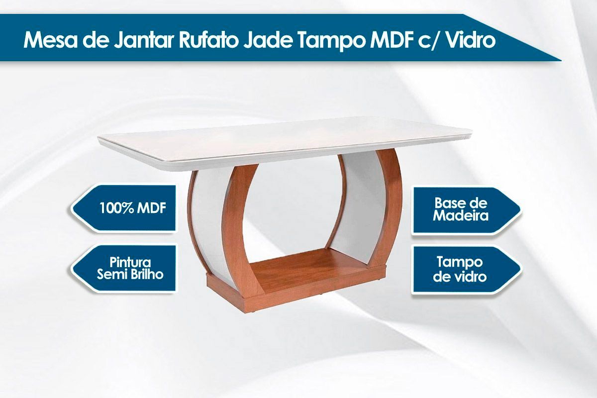 Sala Jantar Mesa Jade Tampo Madeirado c/ Vidro Canto Curvo 180x90 e 6 Cadeiras Londrina - Rufato