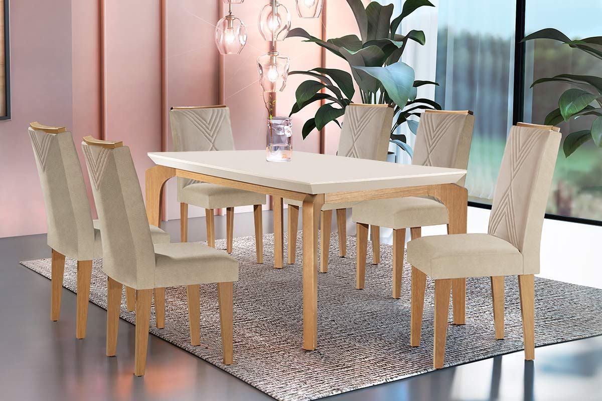 Sala Jantar Mesa Londrina c/ Tampo Madeirado Canto Reto 180x90cm e 6 cadeiras Amsterdã - Rufato