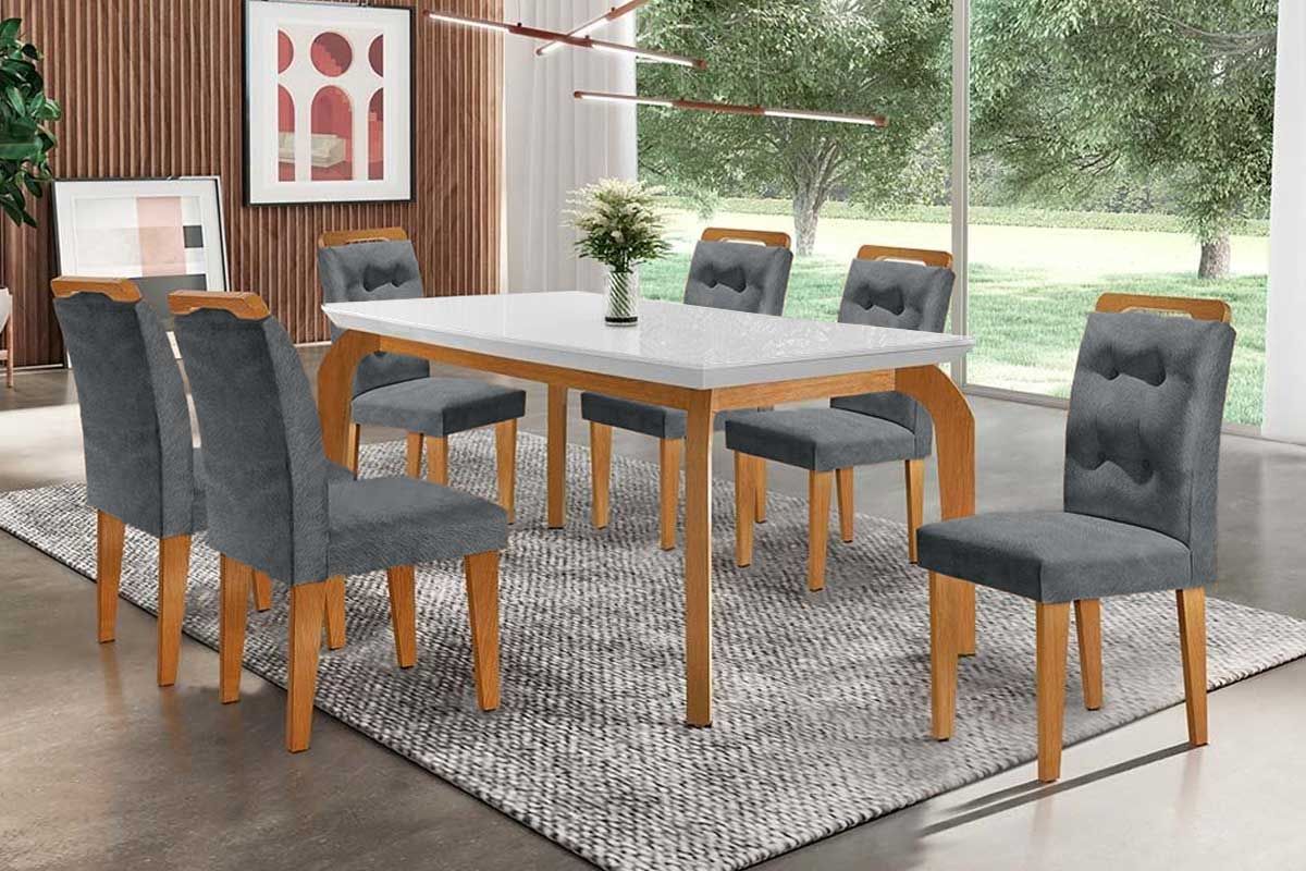 Sala Jantar Mesa Londrina c/ Tampo Madeirado Canto Reto 180x90cm e 6 cadeiras Imperatriz - Rufato