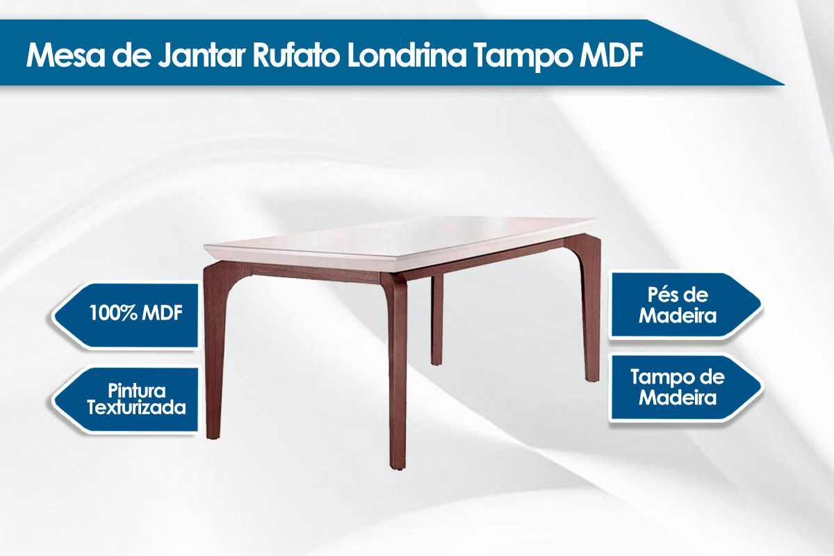 Sala Jantar Mesa Londrina c/ Tampo Madeirado Canto Reto 180x90cm e 6 cadeiras Imperatriz - Rufato