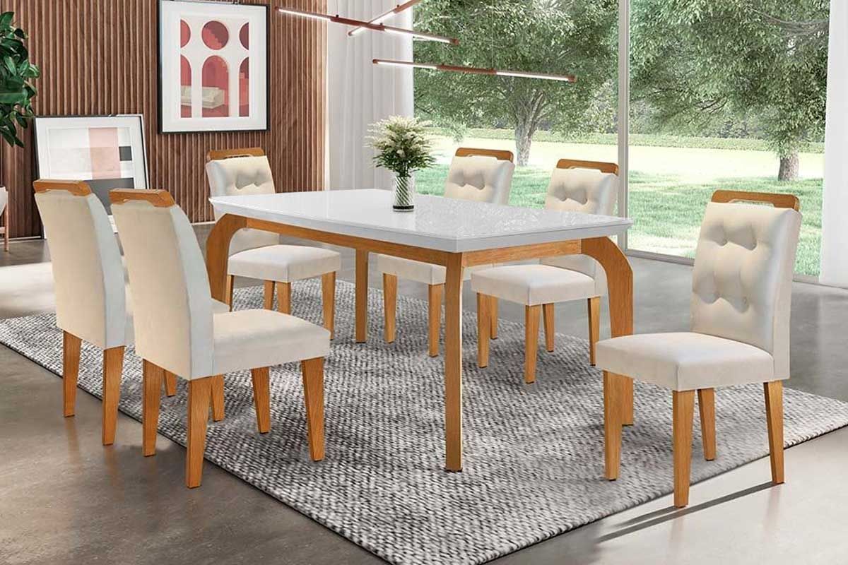 Sala Jantar Mesa Londrina c/ Tampo Madeirado Canto Reto 180x90cm e 6 cadeiras Imperatriz - Rufato