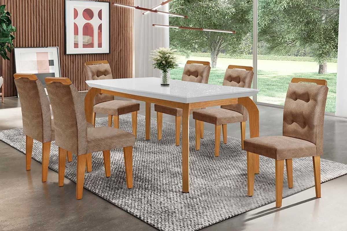 Sala Jantar Mesa Londrina c/ Tampo Madeirado Canto Reto 180x90cm e 6 cadeiras Imperatriz - Rufato