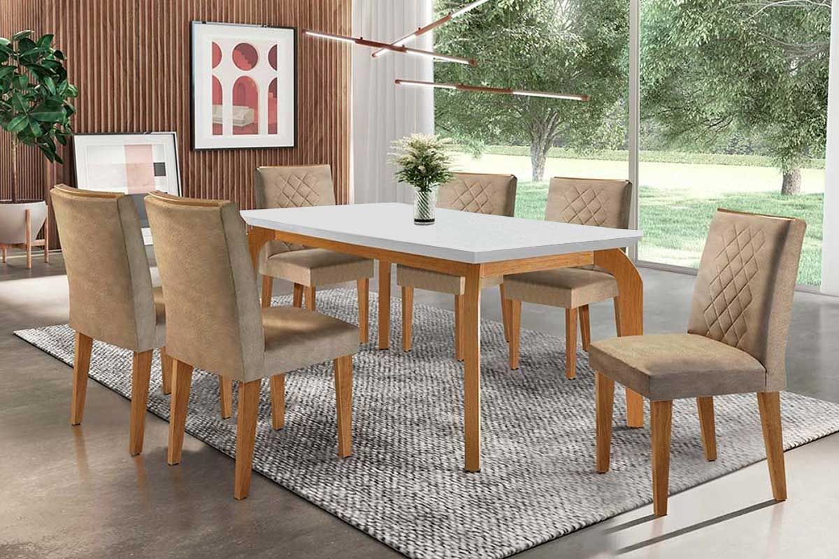Sala Jantar Mesa Londrina c/ Tampo Madeirado Canto Reto 180x90cm e 6 cadeiras Jade - Rufato
