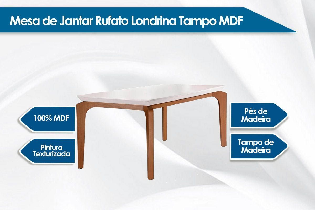 Sala Jantar Mesa Londrina c/ Tampo Madeirado Canto Reto 180x90cm e 6 cadeiras Jade - Rufato