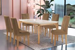 Sala Jantar Mesa Londrina c/ Tampo Madeirado c/ Vidro Canto Reto 180x90cm e 6 cadeiras Amsterdã - Rufato