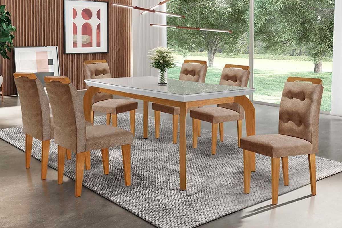 Sala Jantar Mesa Londrina c/ Tampo Madeirado c/ Vidro Canto Reto 180x90cm e 6 cadeiras Imperatriz - Rufato