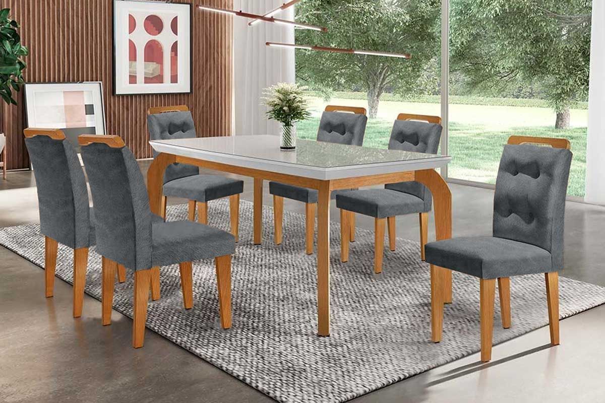 Sala Jantar Mesa Londrina c/ Tampo Madeirado c/ Vidro Canto Reto 180x90cm e 6 cadeiras Imperatriz - Rufato