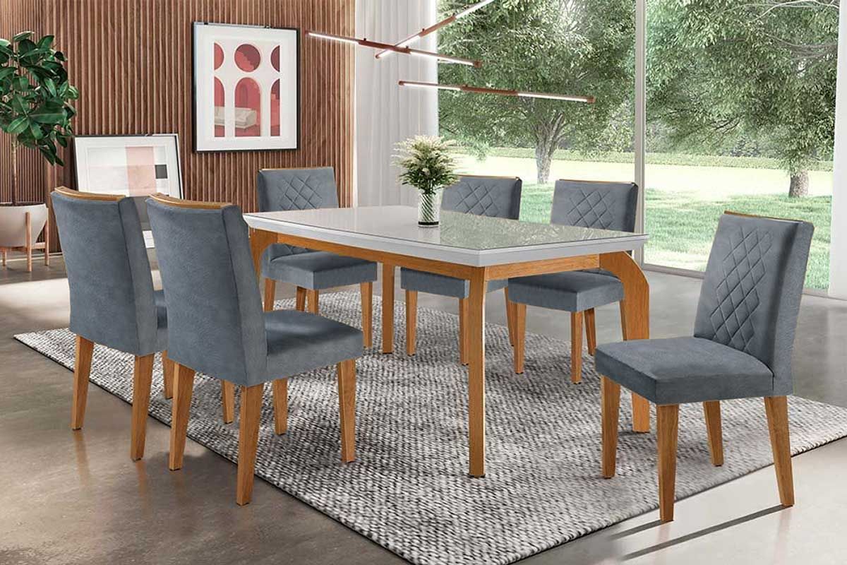 Sala Jantar Mesa Londrina c/ Tampo Madeirado c/ Vidro Canto Reto 180x90cm e 6 cadeiras Jade - Rufato