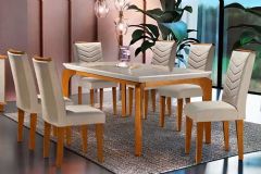 Sala Jantar Mesa Londrina c/ Tampo Madeirado c/ Vidro Canto Reto 180x90cm e 6 cadeiras Londrina - Rufato