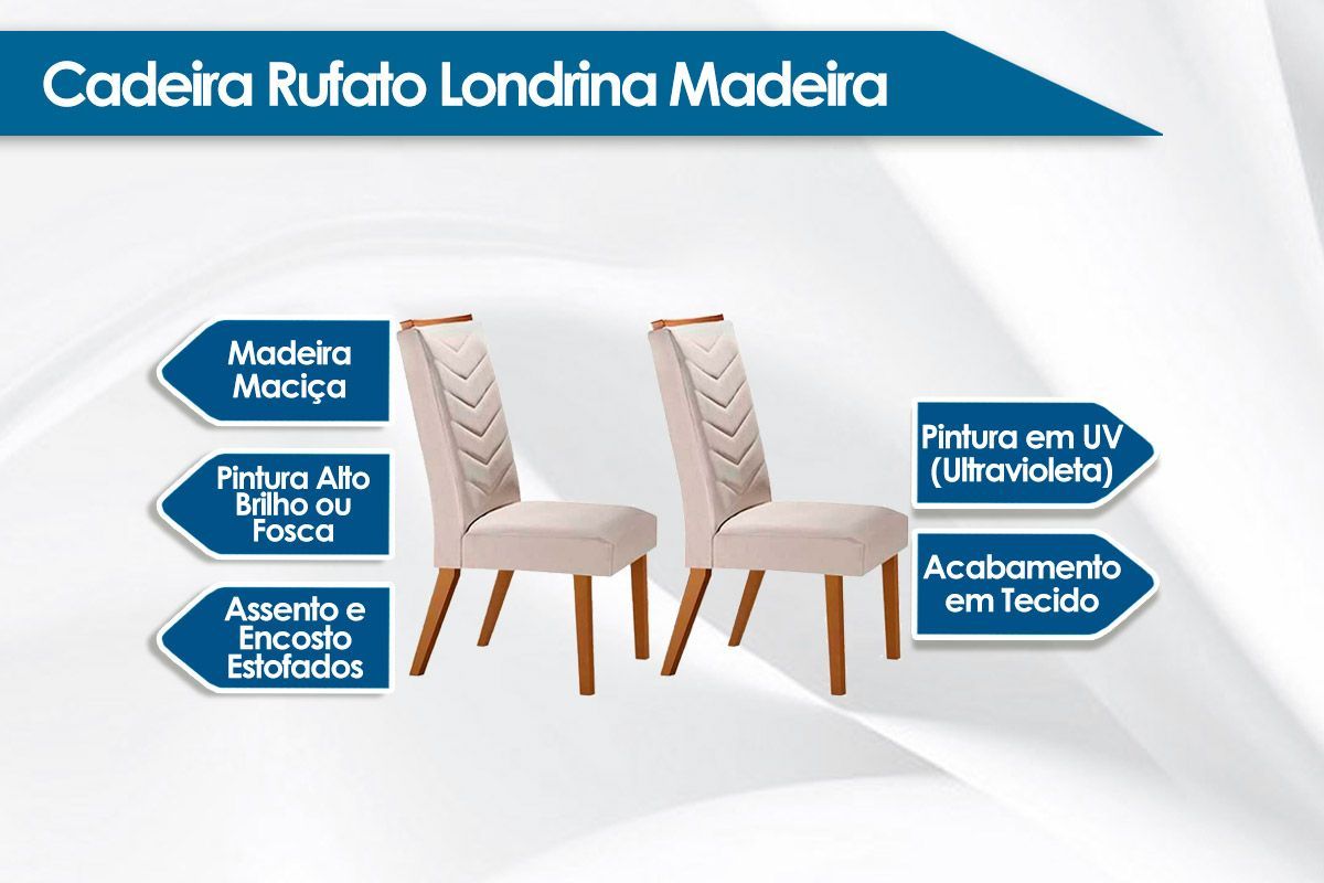 Sala Jantar Mesa Londrina c/ Tampo Madeirado c/ Vidro Canto Reto 180x90cm e 6 cadeiras Londrina - Rufato