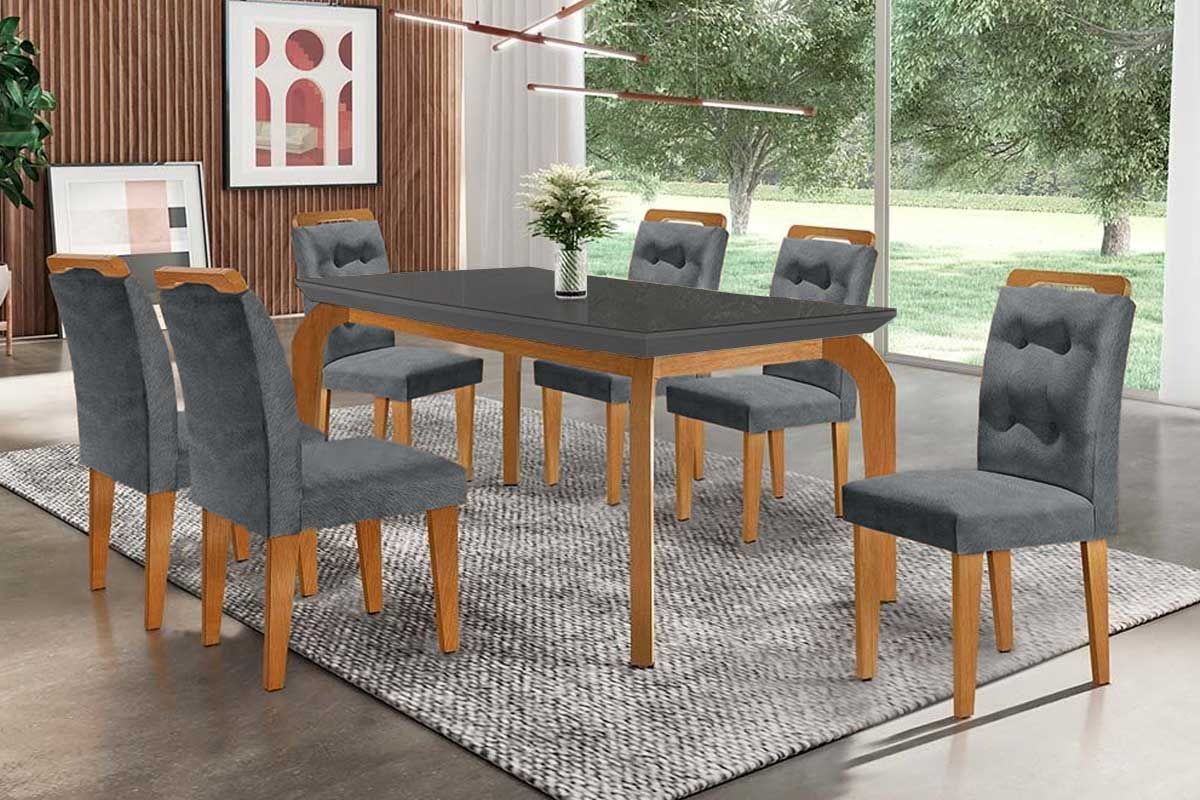 Sala Jantar Mesa Londrina c/ Tampo Madeirado c/ Vidro Canto Curvo 180x90cm e 6 cadeiras Imperatriz - Rufato