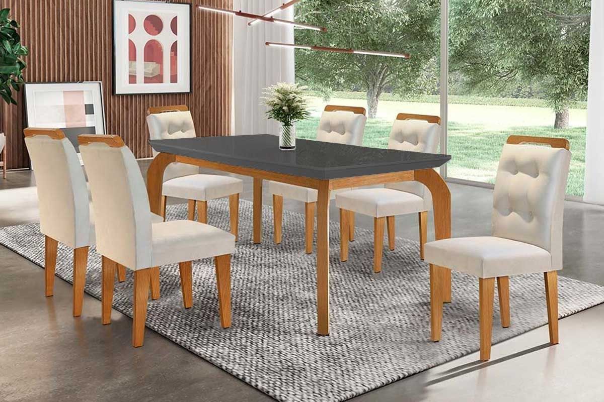 Sala Jantar Mesa Londrina c/ Tampo Madeirado c/ Vidro Canto Curvo 180x90cm e 6 cadeiras Imperatriz - Rufato
