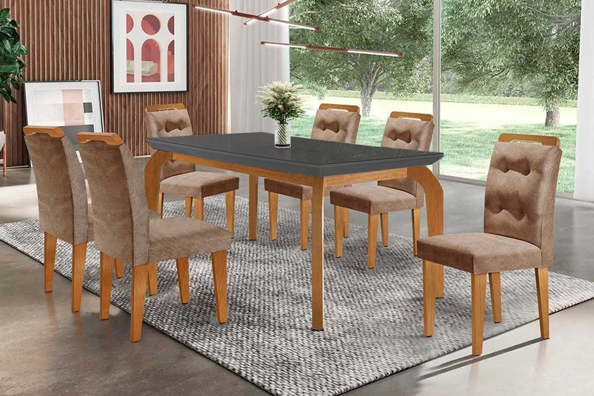 Sala Jantar Mesa Londrina c/ Tampo Madeirado c/ Vidro Canto Curvo 180x90cm e 6 cadeiras Imperatriz - Rufato