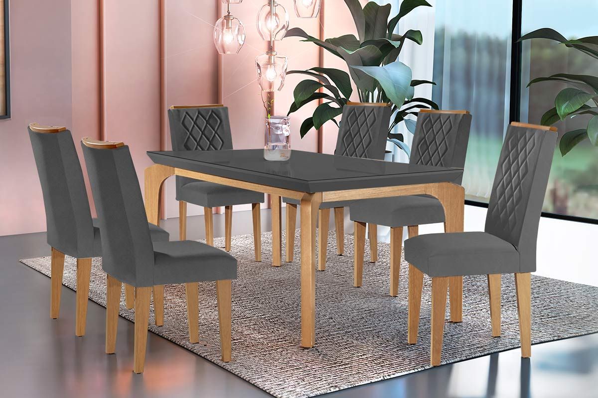 Mesa Jantar Londrina c/ Tampo Madeirado Vidro Canto Curvo 180x90cm e 6 cadeiras Jade Rufato