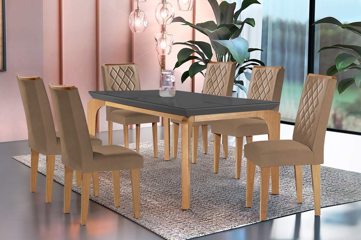 Mesa Jantar Londrina c/ Tampo Madeirado Vidro Canto Curvo 180x90cm e 6 cadeiras Jade Rufato