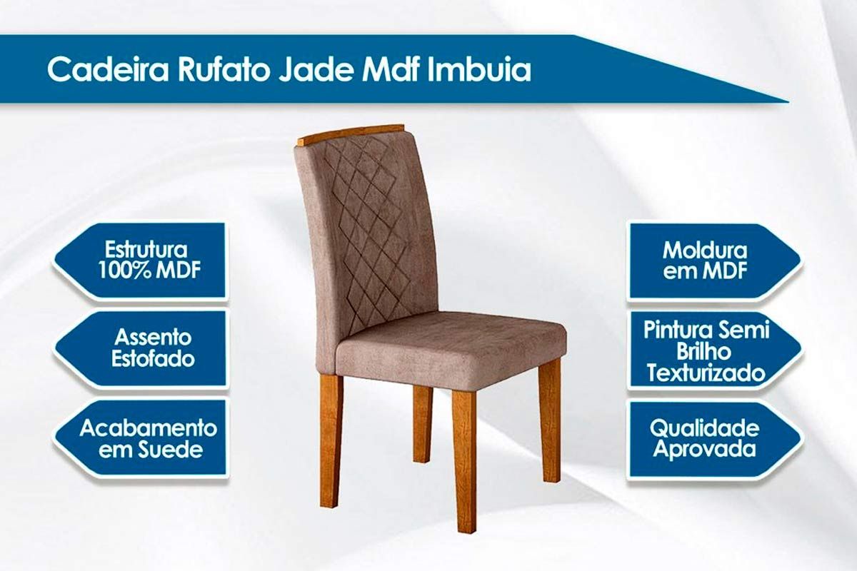 Mesa Jantar Londrina c/ Tampo Madeirado Vidro Canto Curvo 180x90cm e 6 cadeiras Jade Rufato