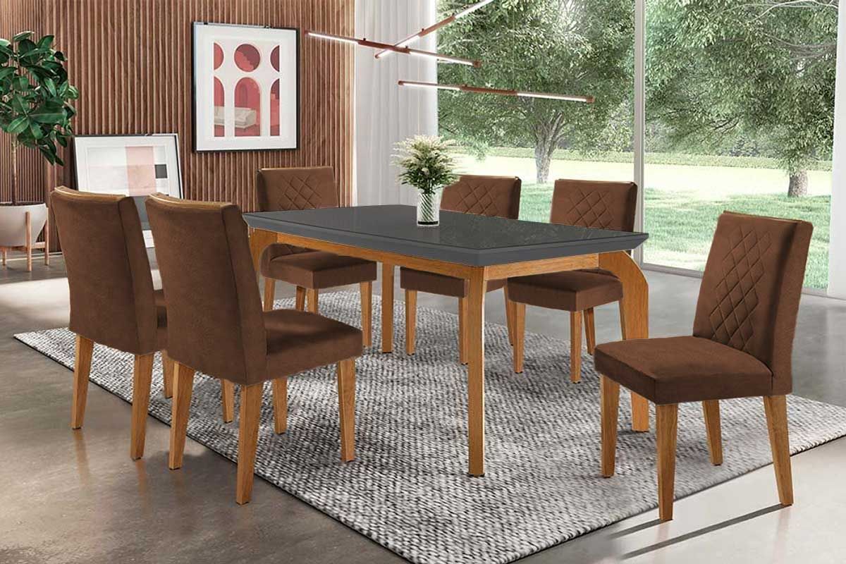Sala Jantar Mesa Londrina c/ Tampo Madeirado c/ Vidro Canto Curvo 180x90cm e 6 cadeiras Jade - Rufato