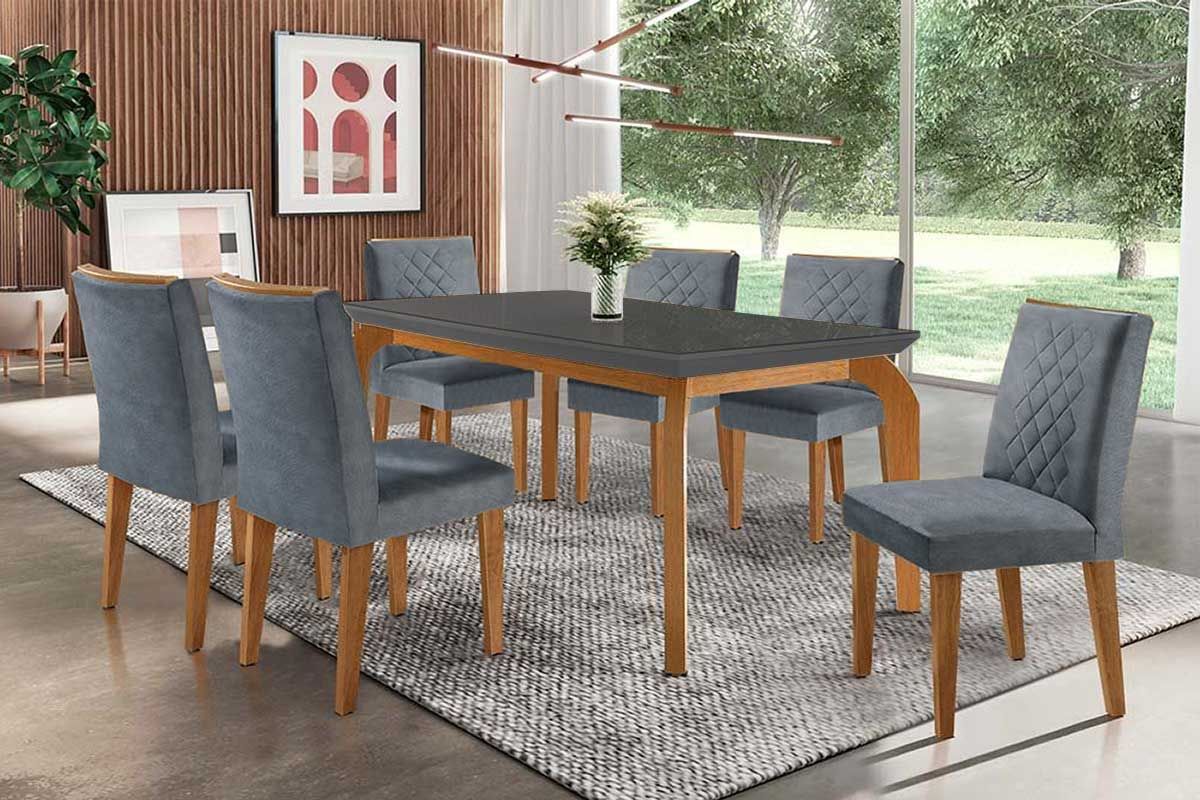 Sala Jantar Mesa Londrina c/ Tampo Madeirado c/ Vidro Canto Curvo 180x90cm e 6 cadeiras Jade - Rufato